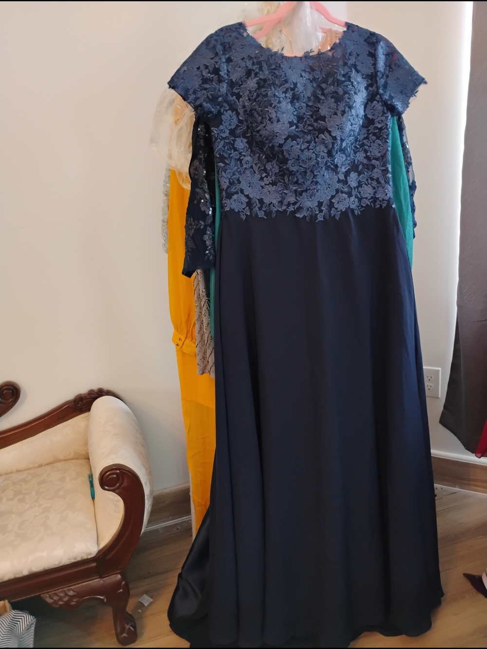 Elegant Navy Lace Bodice Evening Dress
